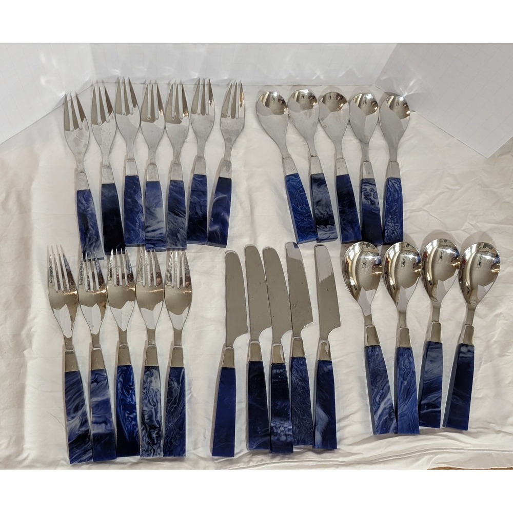 28 Pc MCM Supreme Cutlery Lucite Stainless Flatware Japan RARE Blue White Marble
